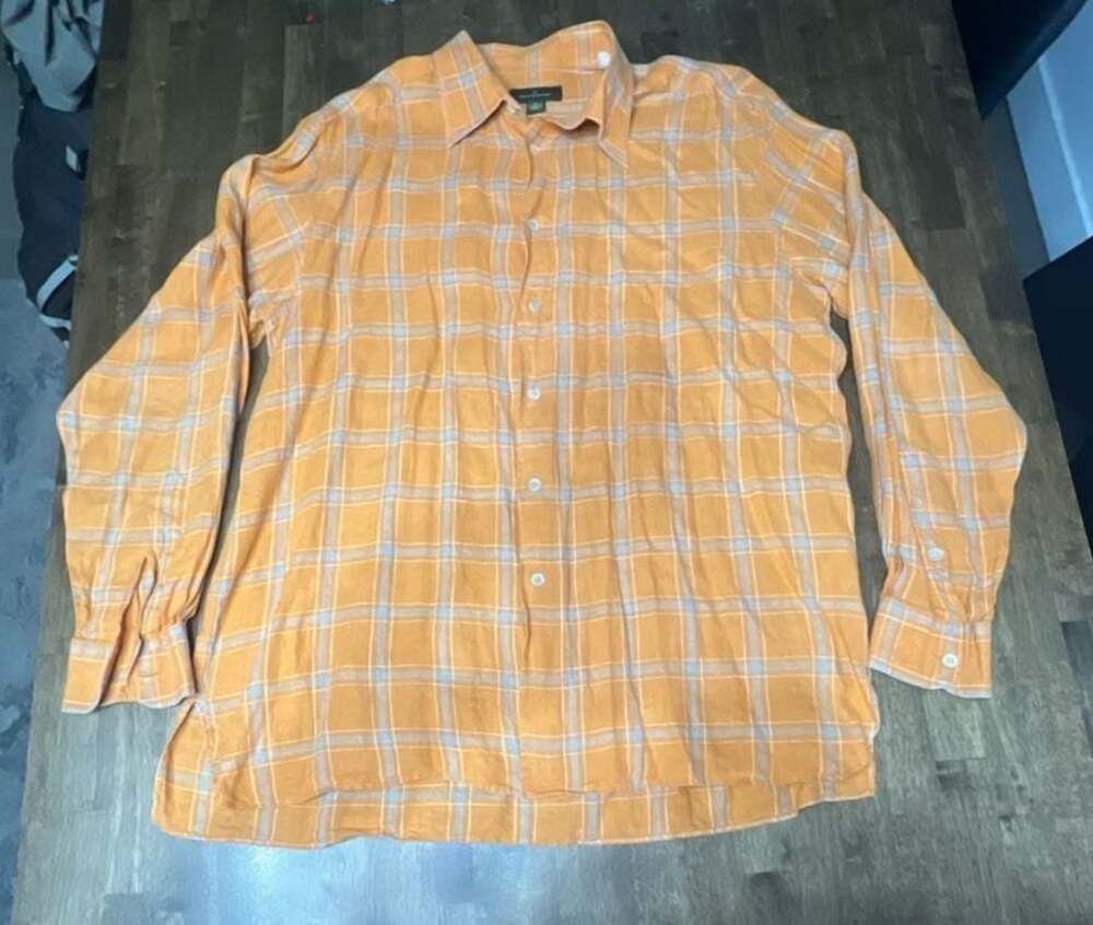 Ermenegildo Zegna Men's Orange Plaid 100% Linen Long Sleeve Button Down Shirt XL